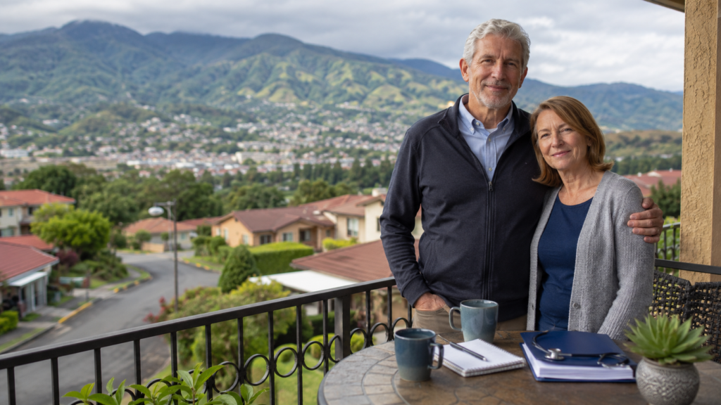 Retired expat couple on a Central Valley terrace with mountain views, healthcare notes, and retirement planning documents