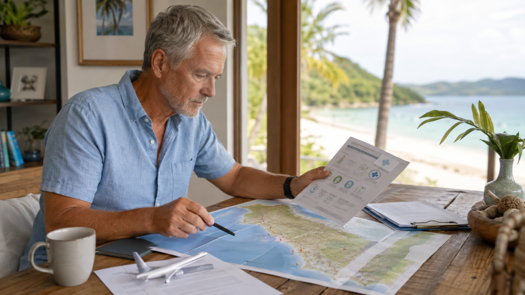 Expat reviewing Guanacaste beach relocation map, airport access notes, healthcare documents, and residency papers