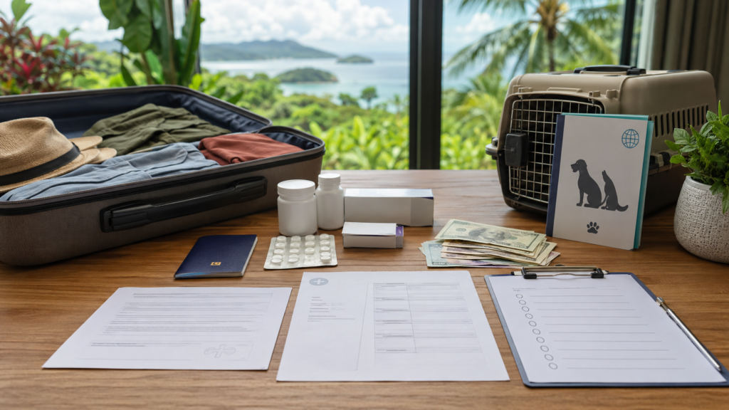 Suitcase, passport, prescription medication, doctor letter, cash declaration paperwork, and pet travel documents for Costa Rica customs