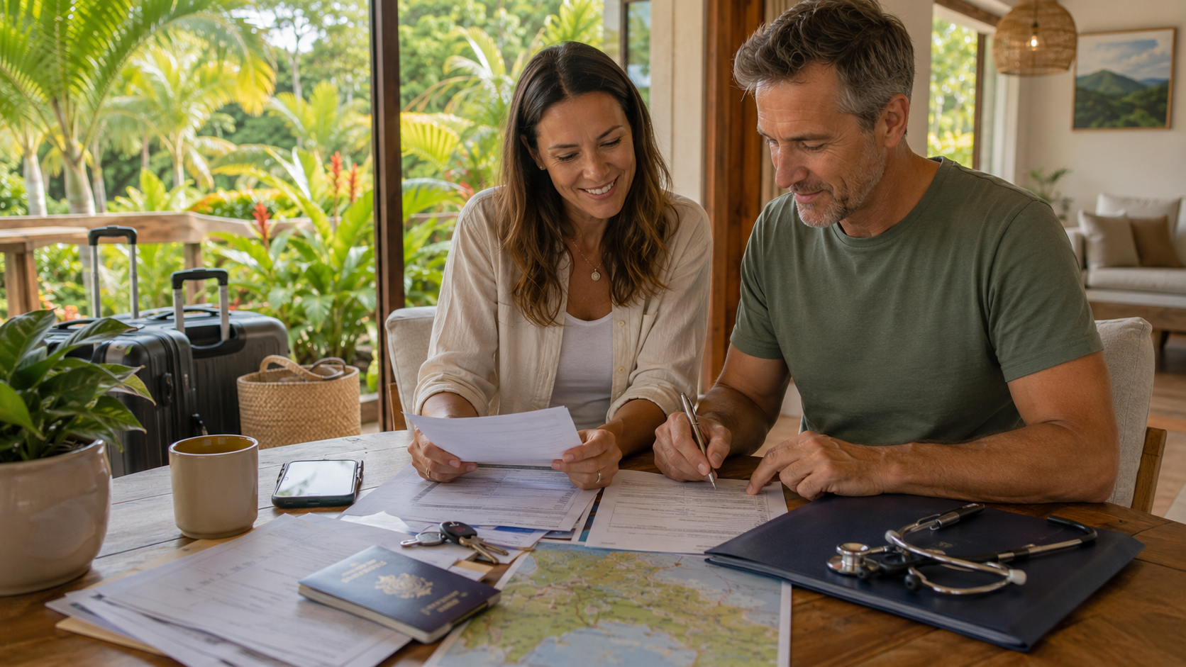 Newly arrived expat couple organizing phone