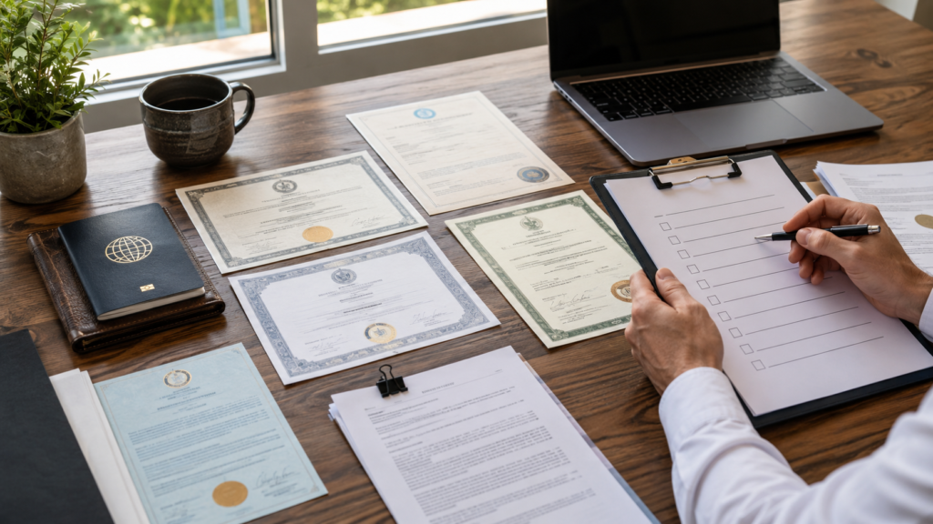 Organized Costa Rica residency documents including passport, civil records, police record, apostilles, income proof, and checklist before moving