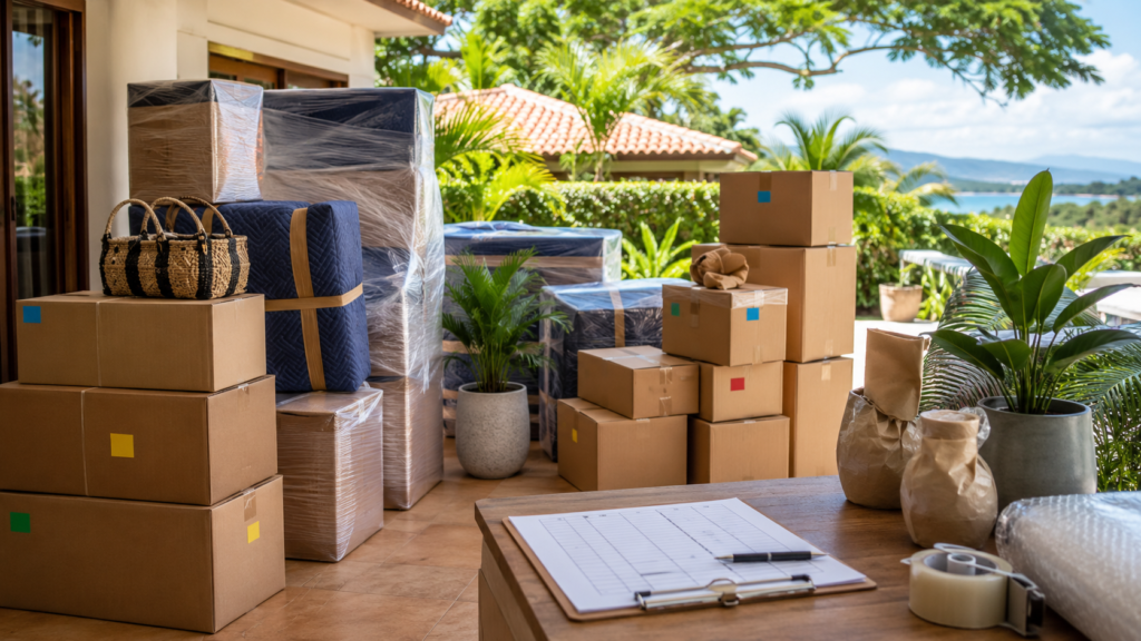 Household goods, moving boxes, wrapped furniture, and shipping checklist prepared for a move to Costa Rica