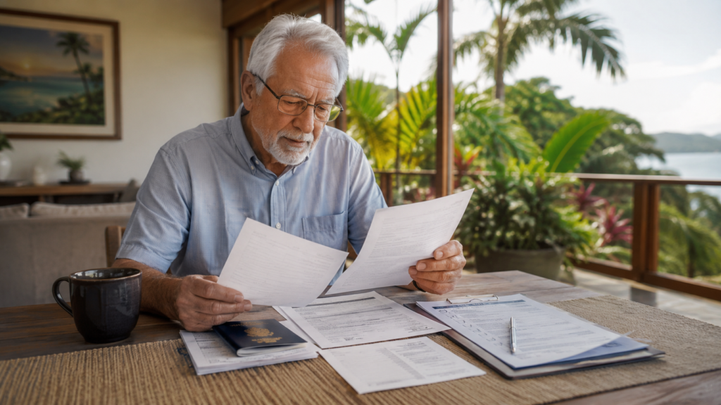 Retiree reviewing Pensionado residency documents, passport, and pension income paperwork