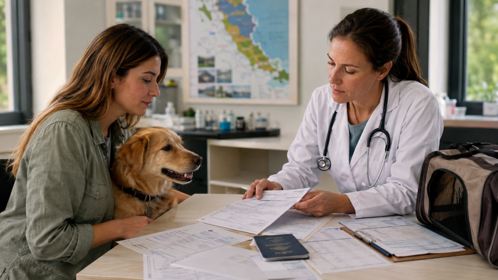 Veterinarian reviewing international pet health certificate, vaccine records, and travel documents before Costa Rica travel