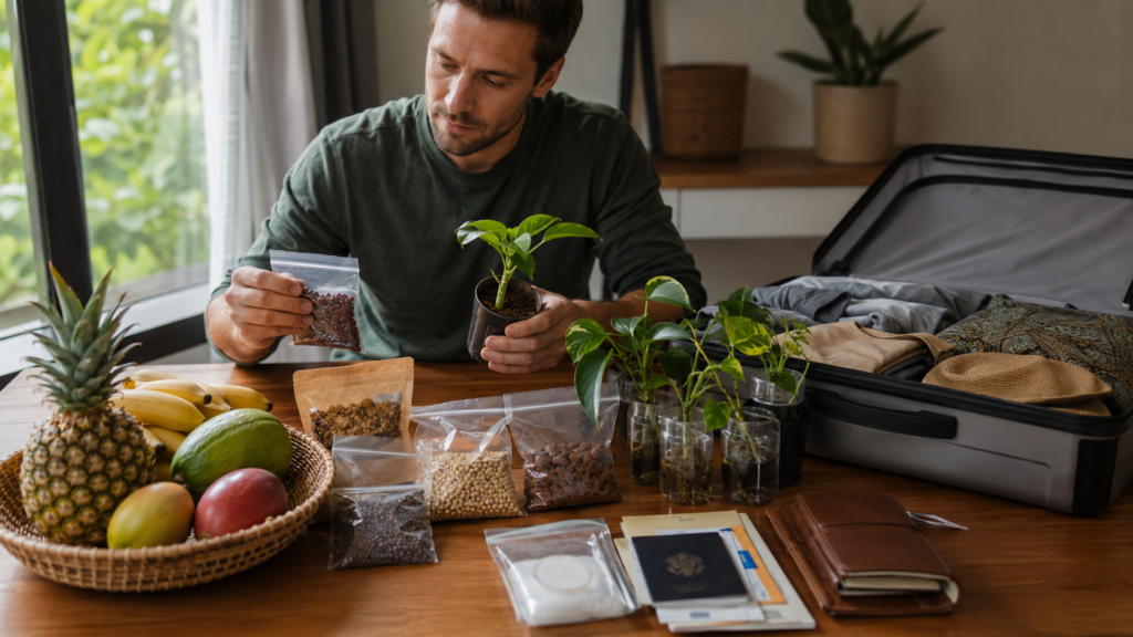 Traveler reviewing fruit, seeds, plants, packaged food, and documents before packing for Costa Rica