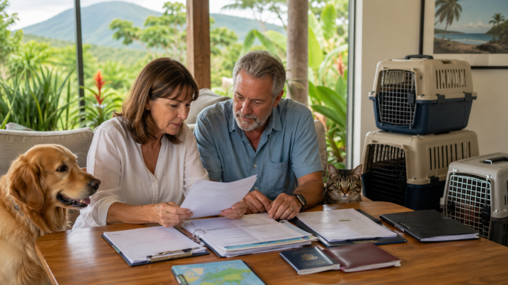 Expat couple preparing pet travel documents, passports, veterinary records, and carriers before moving to Costa Rica