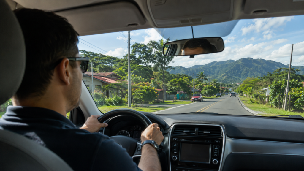 Alt text:
Expat driving carefully on a scenic Costa Rica road with tropical greenery and mountains