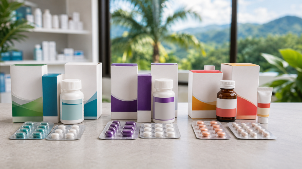 Pharmacy products arranged side by side to compare brand names, active ingredients, and Costa Rica alternatives