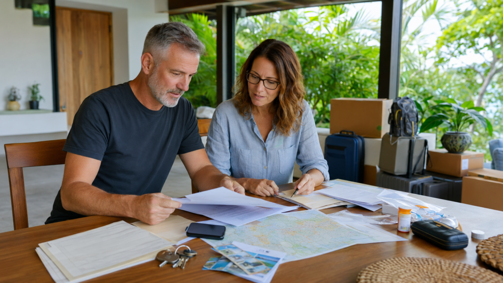 American couple organizing housing, banking, healthcare, medications, and residency documents after moving to Costa Rica