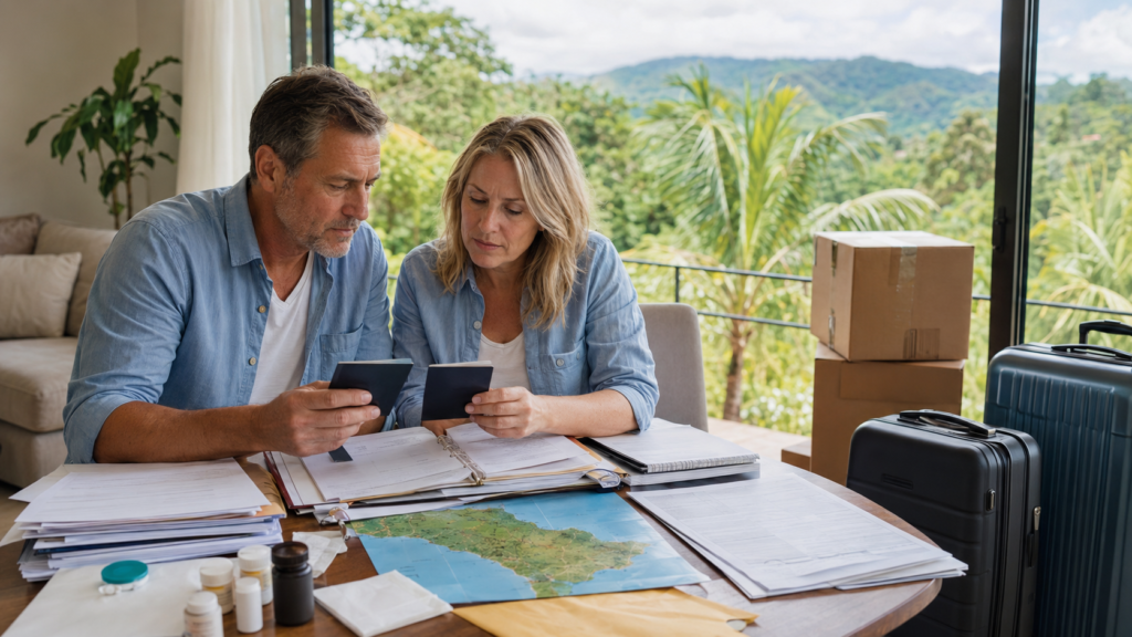 American couple preparing passports, residency documents, finances, healthcare records, and luggage before moving to Costa Rica