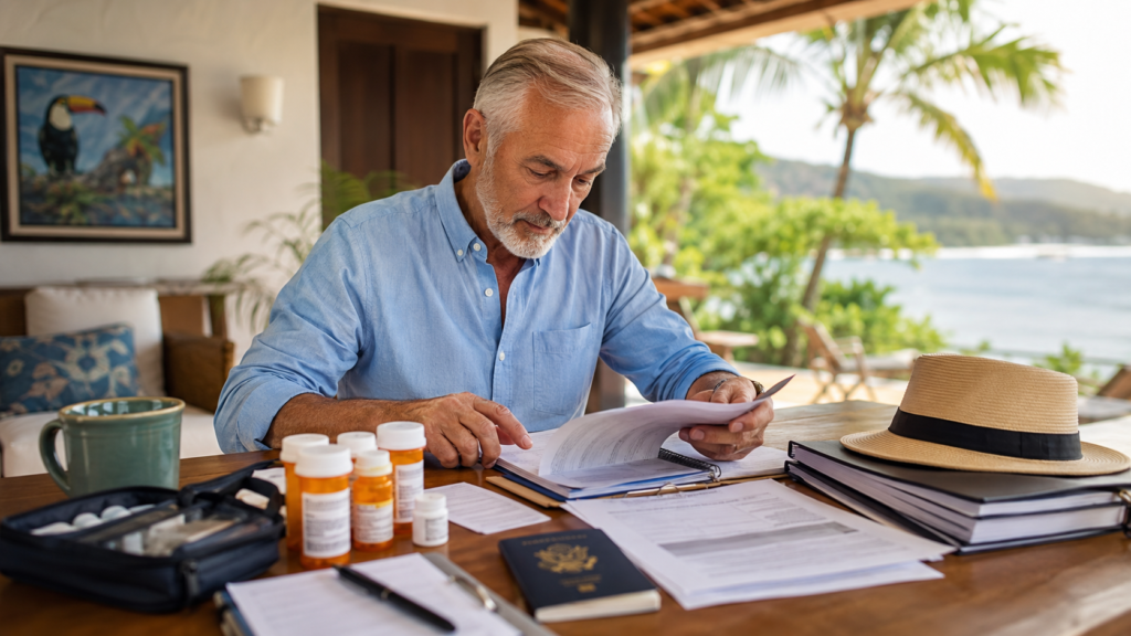 Retiree organizing prescriptions, medication list, passport, and relocation documents before moving to Costa Rica