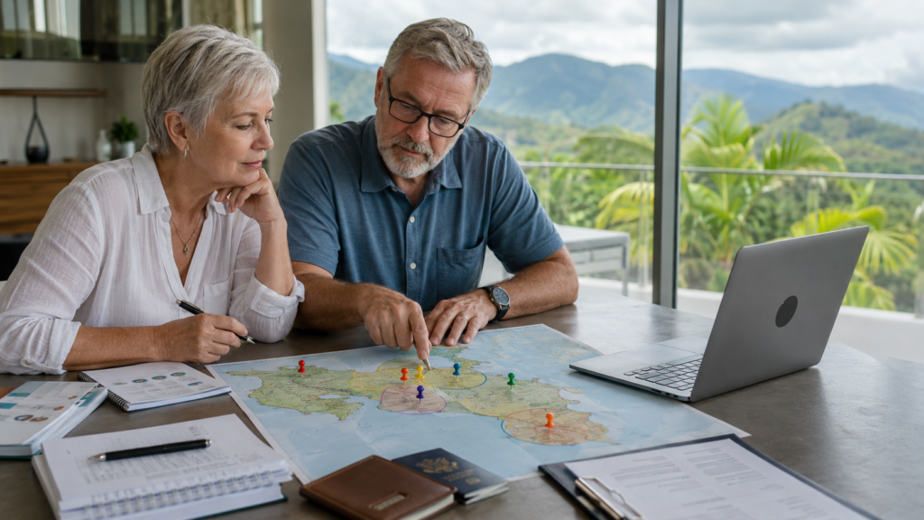 Retired expat couple reviewing a Costa Rica relocation map with residency