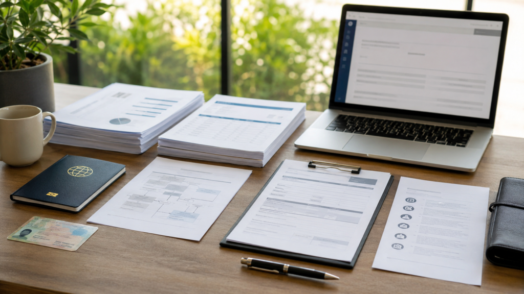 Organized banking documents, passport, residency ID, bank statements, and income records for opening a Costa Rica bank account
