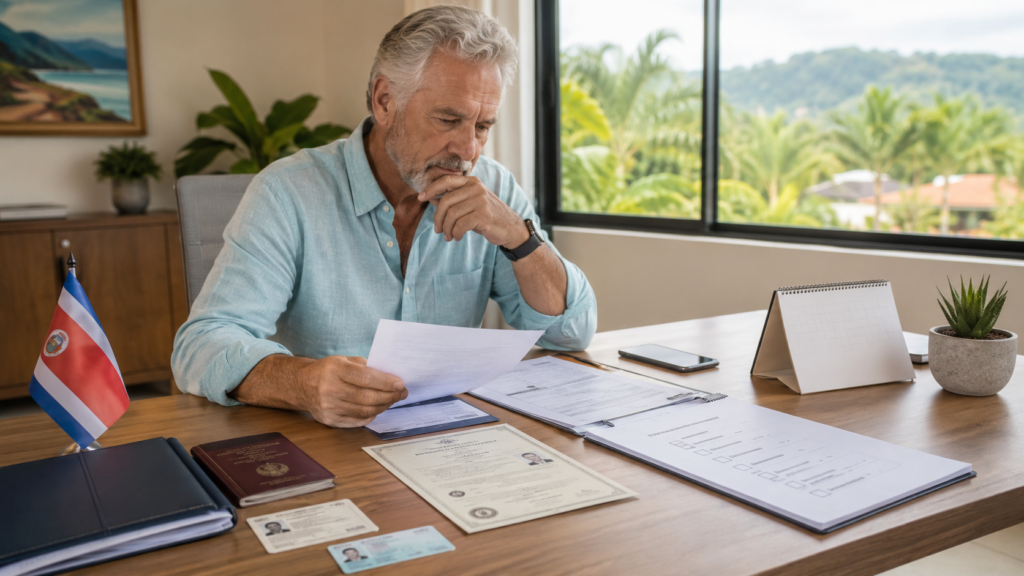 Expat reviewing Costa Rica driver’s license documents, passport, residency papers, and appointment checklist