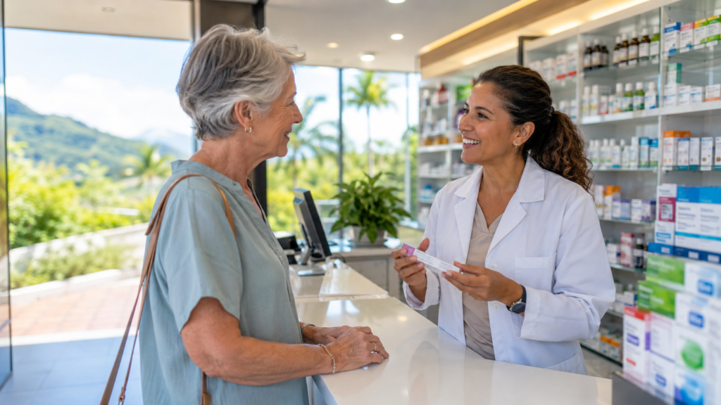 Retiree speaking with a pharmacist inside a modern Costa Rica pharmacy