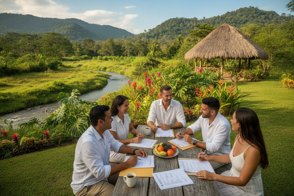 A beautiful and serene landscape representing Costa Rica’s residency requirements, featuring a gently flowing river surrounded by lush greenery and tropical flora. In the foreground, a diverse group of four casually dressed individuals—two men and two women—are discussing papers and documents at a picnic table, symbolizing the process of residency application. The middle ground showcases iconic Costa Rican elements like exotic plants and vibrant flowers, adding to the cultural ambiance. The background reveals majestic hills and a clear blue sky, reflecting the nation's natural beauty. The scene is bathed in soft, natural lighting, evoking a relaxed and friendly atmosphere, perfect for conveying the spirit of Costa Rica living. No text or captions in the image.