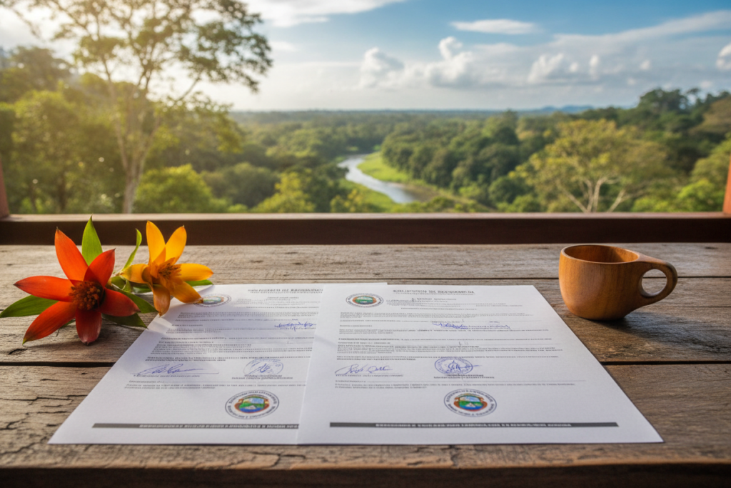 A beautifully arranged flat lay of Costa Rica residency documents on a rustic wooden table. The documents are neatly organized, showcasing the national emblem of Costa Rica, stamps, and important forms related to residency. In the foreground, a couple of colorful tropical flowers sit beside the papers, adding a vibrant touch to the scene. In the middle, a soft-focus Costa Rican landscape is visible through a window, featuring lush greenery and a clear blue sky, creating a serene atmosphere. The lighting is warm and inviting, reminiscent of natural daylight, emphasizing the richness of the documents and natural elements. This image should evoke a sense of optimism and preparation for a new journey.