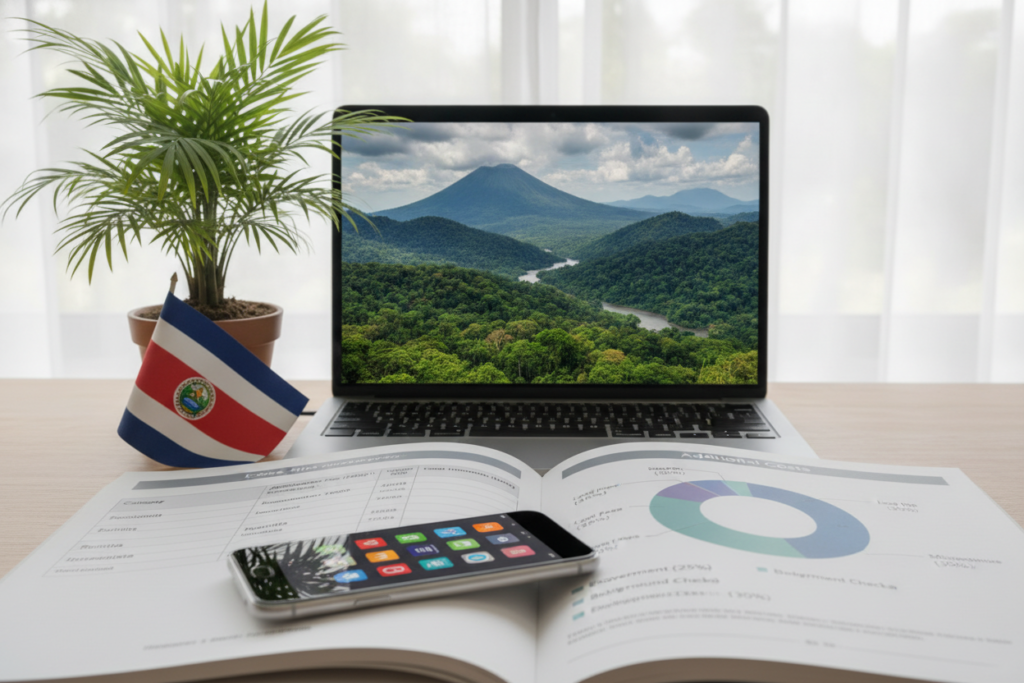 A beautifully organized desk featuring a detailed Costa Rica investor residency fee guide, open to a page with clearly laid-out charts and figures related to residency costs. In the foreground, a smartphone displays relevant financial apps, while a laptop shows a scenic image of Costa Rica's lush landscapes. The middle ground features a tropical plant, like a palm, and a subtle hint of a Costa Rican flag. The background showcases a bright window with soft, natural light illuminating the scene, creating an inviting atmosphere. The color palette leans towards greens and blues, evoking a sense of calm and optimism. The overall mood is professional yet relaxed, reflecting the tropical lifestyle of Costa Rica. No people or text are present in the image.
