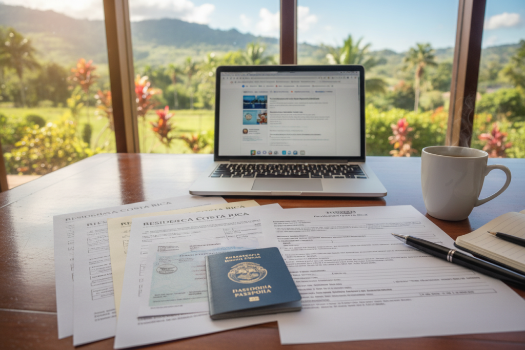 A beautifully organized workspace showcasing essential documents for Costa Rica residency. In the foreground, a neatly stacked pile of colorful immigration papers, including a passport, application forms, and financial statements, surrounded by a stylish pen and a coffee cup. The middle ground features an elegant wooden desk with a laptop open, displaying relevant immigration websites. In the background, a window reveals a vibrant tropical landscape typical of Costa Rica, with lush greenery and a clear blue sky. Natural light floods the scene, creating a warm and inviting atmosphere. The image should have a sharp focus, capturing the details of the documents while maintaining a soft bokeh effect in the background to emphasize the subjects.