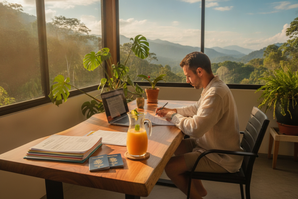 A bright, airy home office in Costa Rica with a wooden desk scattered with essential documents for residency applications. In the foreground, neatly organized papers, passports, and a laptop are visibly displayed. A glass of fresh tropical fruit juice sits beside the laptop. In the middle, a casually dressed person, wearing comfortable clothing, is reviewing documents with a focused expression. Natural light floods the room through a large window, highlighting vibrant green plants outside. The background features a view of lush Costa Rican scenery, with hints of mountains and blue sky. The overall mood is calm and productive, conveying the importance of preparation in a relaxed tropical setting. A bright, airy home office in Costa Rica with a wooden desk scattered with essential documents for residency applications. In the foreground, neatly organized papers, passports, and a laptop are visibly displayed. A glass of fresh tropical fruit juice sits beside the laptop. In the middle, a casually dressed person, wearing comfortable clothing, is reviewing documents with a focused expression. Natural light floods the room through a large window, highlighting vibrant green plants outside. The background features a view of lush Costa Rican scenery, with hints of mountains and blue sky. The overall mood is calm and productive, conveying the importance of preparation in a relaxed tropical setting.
