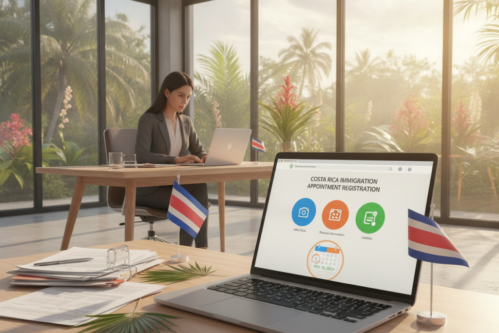 A bright and inviting office scene depicting a professional woman sitting at a modern desk, focused on her laptop while completing online registration for a Costa Rica immigration appointment. In the foreground, a close-up view showcases her screen displaying a user-friendly immigration appointment scheduling interface, with vibrant colors and easy-to-read icons. The middle ground features a neatly organized workspace with immigration documents and Costa Rican flags subtly placed around. In the background, large windows allow warm, natural light to flood in, casting soft shadows and highlighting the tropical plants visible outside. The atmosphere is productive and welcoming, emphasizing the ease of the online registration process. The image captures the essence of professionalism and efficiency in a tropical setting, no text or logos included.