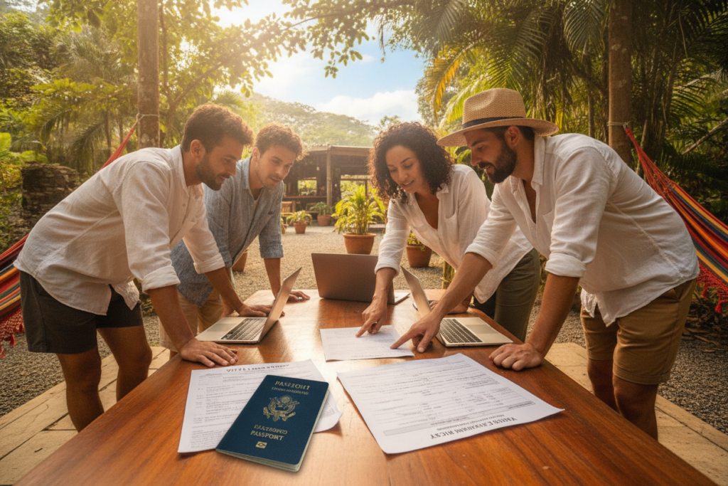 A bright, inviting outdoor workspace in Costa Rica, set against a backdrop of lush greenery and a clear blue sky. In the foreground, a wooden table displays essential documents neatly arranged, like a passport, a visa application, and travel insurance papers, all illuminated by natural sunlight. Casually dressed individuals, a diverse group of digital nomads, are engaged in discussion, pointing at the documents with focused expressions, conveying a sense of collaboration and planning. The middle-ground features tropical plants and hints of a vibrant local café, adding to the relaxed atmosphere. Soft, diffused lighting enhances the scene, creating an air of productivity and professionalism. The image captures the essence of official requirements and the digital nomad lifestyle in a serene Costa Rican setting.