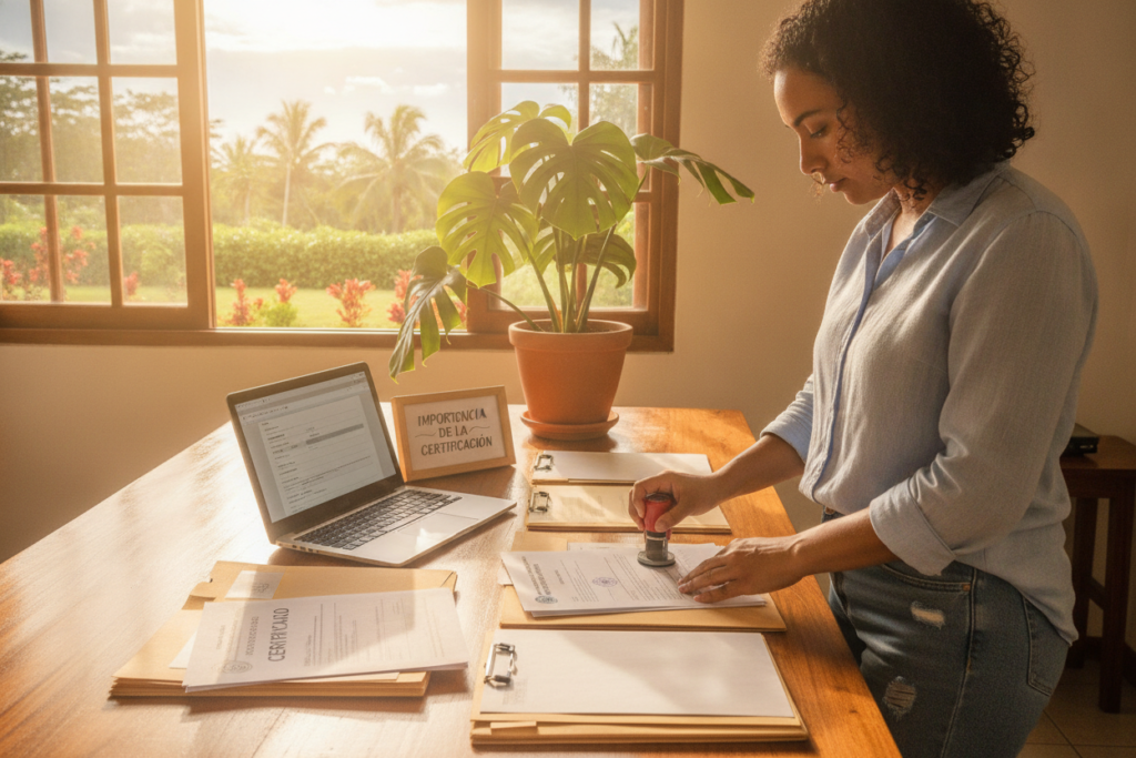 A bright, inviting workspace in Costa Rica, showcasing a large wooden table covered with neatly organized documents, folders, and a laptop. In the foreground, a person of diverse descent, casually dressed in a simple collared shirt and jeans, is focused on preparing immigration documents, highlighting the importance of certification. In the middle ground, a vibrant plant adds a touch of Costa Rican nature, while a warm window light streams in, creating a soft glow around the scene. In the background, a glimpse of the tropical landscape through the window, featuring lush greenery and hints of a blue sky, conveys a sense of peace and productivity. The atmosphere is calm and encouraging, reflecting a dedicated effort in document preparation.