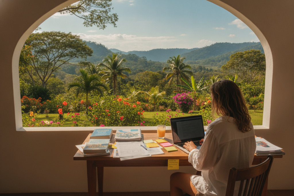 A bright, inviting workspace overlooking a stunning Costa Rican landscape. In the foreground, a casually dressed individual, a young woman with a laptop, is immersed in research, surrounded by colorful notes and documents about residency and digital nomad visa regulations. The middle ground features a lush tropical garden with palm trees and vibrant flowers, symbolizing the ease of living in Costa Rica. The background captures a panoramic view of rolling hills and clear blue skies, emphasizing a peaceful atmosphere. Soft, natural light filters through the open window, creating a warm and motivating environment. The composition conveys a sense of focus and determination, ideal for professionals and remote workers navigating residency options in a tropical setting.