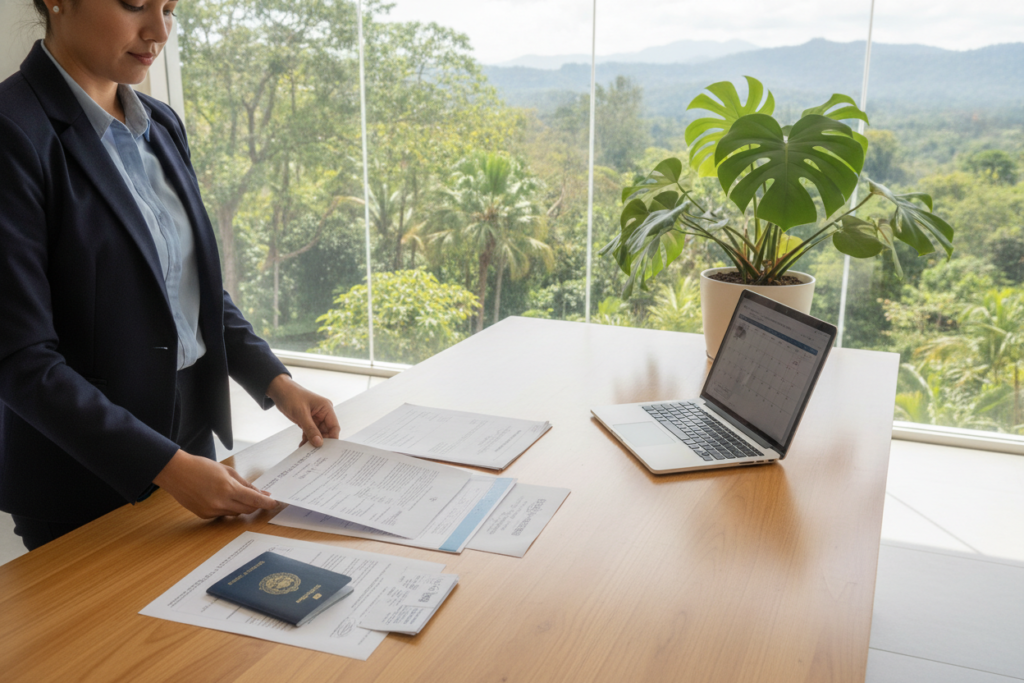 A bright, open office environment in Costa Rica, featuring a modern wooden desk with essential documents spread out, including a DIMEX renewal form, a passport, a birth certificate, and proof of residence. In the foreground, a person in professional business attire, focused and engaged in organizing the paperwork, showcasing determination. The middle ground displays a plant and a laptop, implying a busy yet inviting workspace. The background features a large window with natural light streaming in, illuminating the scene and highlighting tropical views of Costa Rica's lush greenery. The overall mood is productive, warm, and welcoming, emphasizing a sense of clarity and readiness for the DIMEX renewal process.