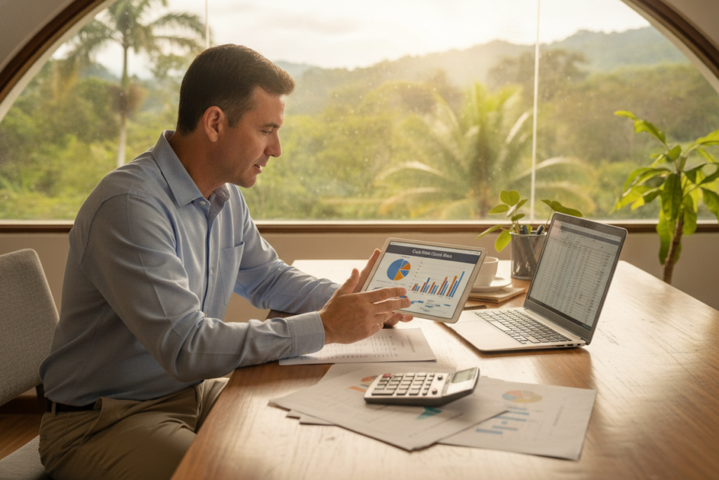 A bright, photorealistic scene depicting a business professional analyzing financial documents related to Caja fees in Costa Rica. In the foreground, a middle-aged Costa Rican man in smart casual attire holds a tablet displaying charts and calculations. The middle ground features a desk cluttered with papers and a calculator, alongside a laptop open to a spreadsheet. The background showcases a lush green view of a typical Costa Rican landscape through a large window, with vibrant tropical plants and light filtering in, creating a warm, inviting atmosphere. The natural lighting emphasizes clarity and focus, evoking a sense of professionalism and seriousness regarding financial matters in a serene environment.