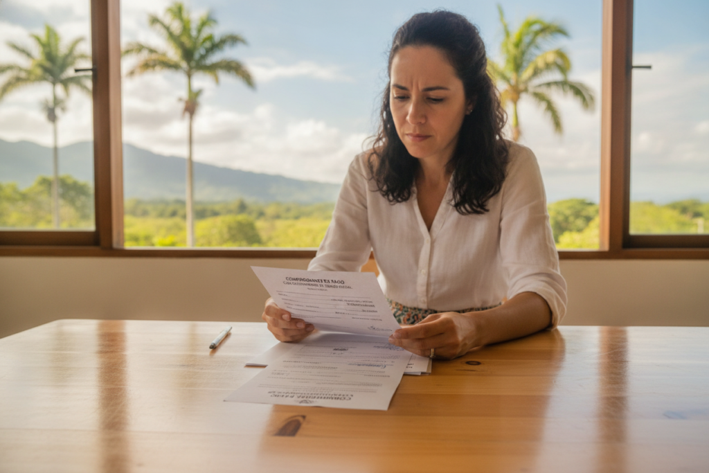 A brightly lit, photorealistic scene depicting a detailed proof of Caja payments document for residency renewal in Costa Rica. The foreground features a clear view of the payment receipt, showing the date, amount, and signature lines, beautifully arranged on a wooden table. In the middle ground, a casual yet professional-looking Costa Rican resident, dressed in modest attire, is thoughtfully reviewing the document. The background showcases a lush green Costa Rican landscape with palm trees and sunny blue skies, creating a serene atmosphere. Soft, natural lighting illuminates the scene, emphasizing the importance of the document for residency renewal. The angle captures both the document and the person, suggesting a moment of determination and responsibility.