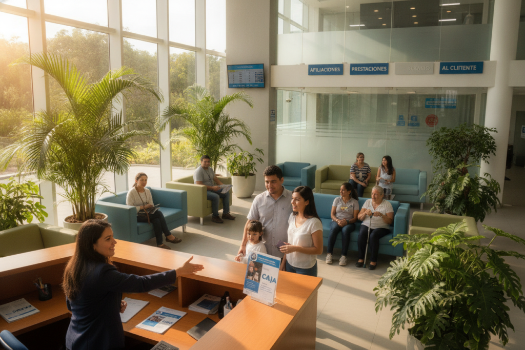 A bustling CAJA office in Costa Rica, showcasing a spacious, well-lit reception area filled with tropical plants and large windows that let in natural sunlight. In the foreground, a friendly receptionist in professional business attire greets visitors. The middle ground features a diverse group of people, including families and elderly individuals, waiting in comfortably arranged seating areas while looking at informational pamphlets. The background reveals modern architecture with clear signage leading to various departments, emphasizing a welcoming atmosphere. The scene captures a sense of community and accessibility, with light streaming through the windows creating a warm and inviting mood. A slight tilt angle enhances the dynamic feel of the environment, inviting viewers to step into this vital public service space. A bustling CAJA office in Costa Rica, showcasing a spacious, well-lit reception area filled with tropical plants and large windows that let in natural sunlight. In the foreground, a friendly receptionist in professional business attire greets visitors. The middle ground features a diverse group of people, including families and elderly individuals, waiting in comfortably arranged seating areas while looking at informational pamphlets. The background reveals modern architecture with clear signage leading to various departments, emphasizing a welcoming atmosphere. The scene captures a sense of community and accessibility, with light streaming through the windows creating a warm and inviting mood. A slight tilt angle enhances the dynamic feel of the environment, inviting viewers to step into this vital public service space.