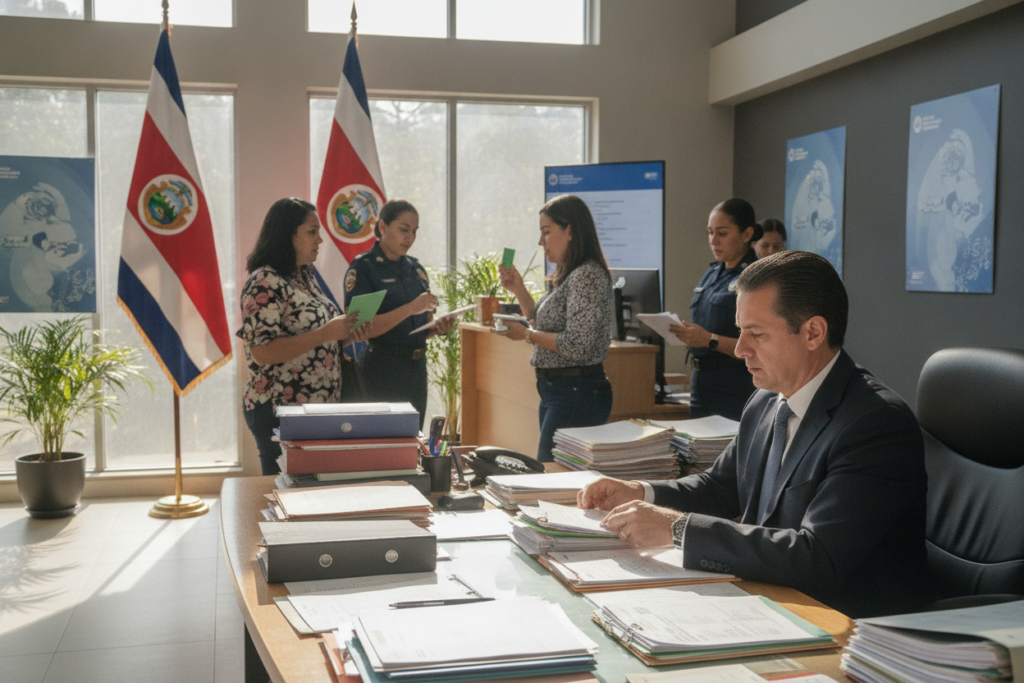 A bustling Costa Rican government office scene focused on the DIMEX card renewal process. In the foreground, a person dressed in professional attire, like a business suit, is sitting at a desk filled with application forms and documents, looking attentive and organized. In the middle ground, other individuals are engaging with staff members, some holding identification documents, while others review checklists for a smooth application process. The background features flags of Costa Rica and posters with official information about DIMEX card renewal, illuminated by warm, natural light streaming through the large windows. The atmosphere is calm yet focused, reflecting a sense of efficiency and preparation in the vital renewal experience. The setting captures the welcoming nature of Costa Rican public services without the presence of any text or distractions. A bustling Costa Rican government office scene focused on the DIMEX card renewal process. In the foreground, a person dressed in professional attire, like a business suit, is sitting at a desk filled with application forms and documents, looking attentive and organized. In the middle ground, other individuals are engaging with staff members, some holding identification documents, while others review checklists for a smooth application process. The background features flags of Costa Rica and posters with official information about DIMEX card renewal, illuminated by warm, natural light streaming through the large windows. The atmosphere is calm yet focused, reflecting a sense of efficiency and preparation in the vital renewal experience. The setting captures the welcoming nature of Costa Rican public services without the presence of any text or distractions.