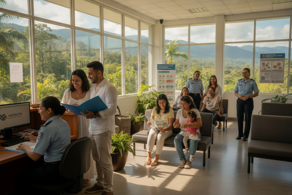 A bustling Costa Rican immigration office scene featuring a diverse group of casually dressed individuals, including families and couples, interacting with friendly immigration officials. In the foreground, a couple is standing at the reception desk, holding paperwork while discussing their residency application. The office contains large windows that let in natural light, enhancing the relaxed yet focused atmosphere. In the middle ground, a waiting area with people seated, some looking at informational brochures, while others playfully engage with children. The background showcases vibrant Costa Rican nature through glass windows, hinting at the beautiful landscape outside. The mood is hopeful and collaborative, with a sense of community and support in the immigration process.