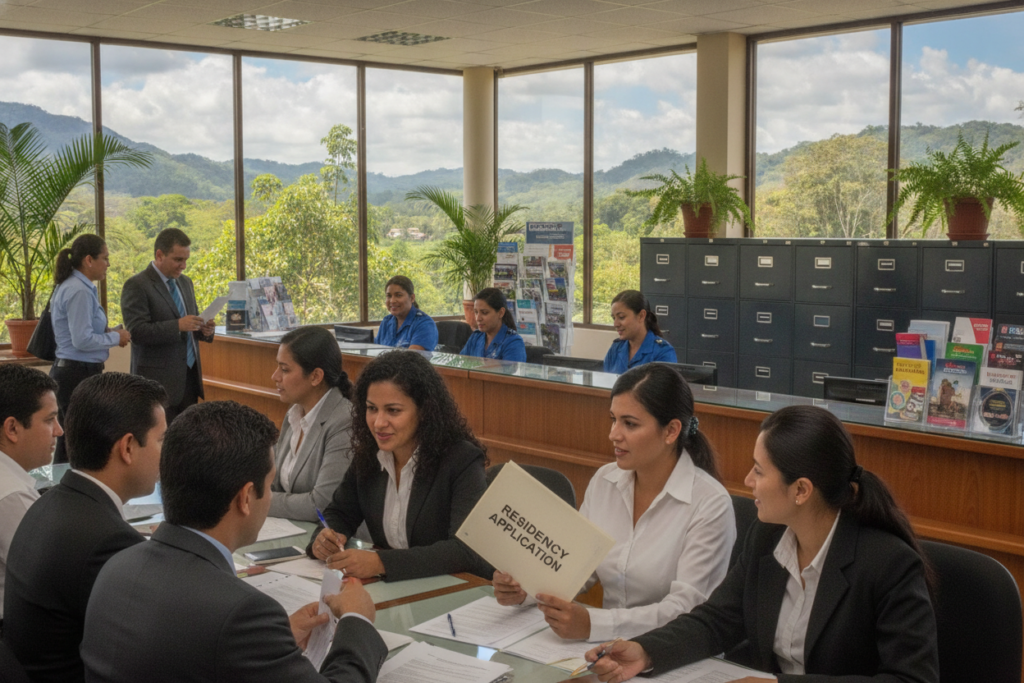 A bustling Costa Rican immigration office setting, capturing the essence of the residency process. In the foreground, a diverse group of individuals in professional business attire, engaged in discussions and paperwork. One person holds a folder labeled "Residency Application." The middle ground showcases reception desks with friendly officials assisting newcomers, filing cabinets, and informational brochures about residency requirements. The background depicts large windows allowing natural light to flood in, revealing tropical plants and a glimpse of Costa Rican landscapes outside. A warm, welcoming atmosphere conveys hope and determination, with the use of soft, diffused lighting to enhance professionalism and clarity. The composition emphasizes the importance of navigating the residency and immigration process in a supportive environment.
