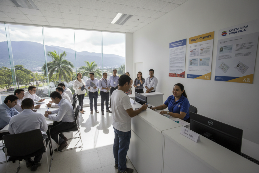 A bustling government office in Costa Rica, where a diverse group of people are engaged in the DIMEX card issuance process. In the foreground, a friendly official assists a citizen at a modern counter, surrounded by informative posters on Costa Rican identification. Several applicants are seated, eagerly filling out forms, showcasing a variety of ethnic backgrounds in business casual attire. In the middle ground, a line of applicants awaits their turn, with expressions of anticipation and focus. The background features large windows with natural light streaming in, illuminating the space and creating an atmosphere of efficiency and warmth. The scene is shot with a slight tilt, emphasizing movement and the liveliness of the process, ensuring a photorealistic representation of this important public service.