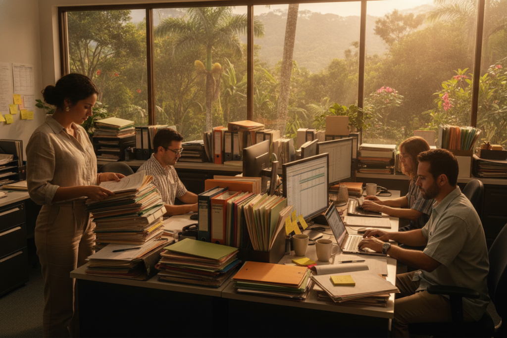 A bustling office in Costa Rica, with a diverse group of professionals engaged in maintaining accurate records and documentation. In the foreground, a woman in smart casual attire reviews a stack of files, while a man beside her types on a laptop, focused on digital records. In the middle, desks are cluttered with colorful files, sticky notes, and a coffee cup, creating an atmosphere of productivity. The background features large windows that let in warm, natural light, showcasing lush greenery outside typical of the Costa Rican landscape. The overall mood is one of diligence and collaboration in a vibrant, tropical setting, emphasizing the importance of organized documentation in the workplace.