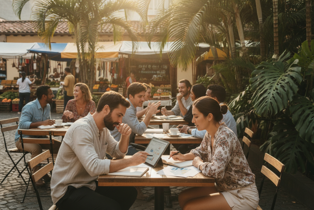 A bustling outdoor café in Costa Rica, where diverse foreign entrepreneurs engage in casual discussions about business regulations. In the foreground, two professionals—one male and one female—are reviewing documents on a tablet, both dressed in smart-casual attire, exuding a sense of collaboration and focus. In the middle ground, other individuals are seen networking, with a backdrop of lush greenery typical of Costa Rica, featuring tropical plants and vibrant colors. The background captures a glimpse of a local marketplace, symbolizing the dynamic economic environment. Natural sunlight filters through the trees, creating a warm and inviting atmosphere, enhancing the theme of navigating business regulations with ease and confidence. The image conveys a spirit of opportunity and compliance in a thriving business landscape.