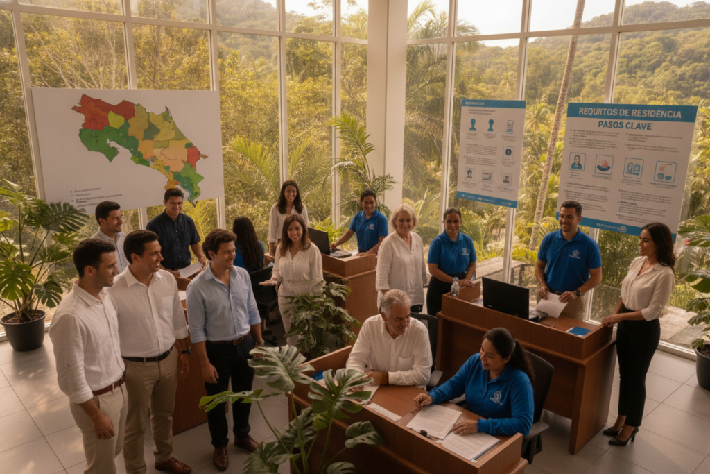 A bustling scene at a Costa Rican immigration office, highlighting the process of obtaining residency. In the foreground, a diverse group of individuals, dressed in smart casual attire, engages with friendly government officials. The middle ground features various informational posters about residency requirements and maps of Costa Rica. Natural light floods the room, creating a warm atmosphere, while lush tropical plants are visible through large windows in the background, hinting at the beautiful landscape outside. The image captures an optimistic and professional mood, emphasizing community and the welcoming nature of Costa Rica's immigration process. Shot from a slightly elevated angle to capture both the interactions and the vibrant environment.