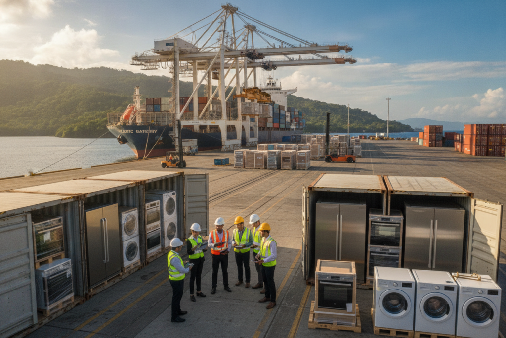 A bustling shipping port in Costa Rica, showcasing the importation of household appliances. In the foreground, a diverse team of professionals in business attire inspects large containers filled with refrigerators, washing machines, and ovens. The middle ground features workers unloading the appliances from a ship onto the dock, surrounded by crates and shipping pallets. In the background, a scenic view of Costa Rica’s lush green hills and vibrant blue sky. The scene is illuminated by warm, natural light, creating a bright and inviting atmosphere. The angle captures the activity and scale of the port, emphasizing the efficiency and organization involved in the process of importing appliances. A bustling shipping port in Costa Rica, showcasing the importation of household appliances. In the foreground, a diverse team of professionals in business attire inspects large containers filled with refrigerators, washing machines, and ovens. The middle ground features workers unloading the appliances from a ship onto the dock, surrounded by crates and shipping pallets. In the background, a scenic view of Costa Rica’s lush green hills and vibrant blue sky. The scene is illuminated by warm, natural light, creating a bright and inviting atmosphere. The angle captures the activity and scale of the port, emphasizing the efficiency and organization involved in the process of importing appliances.