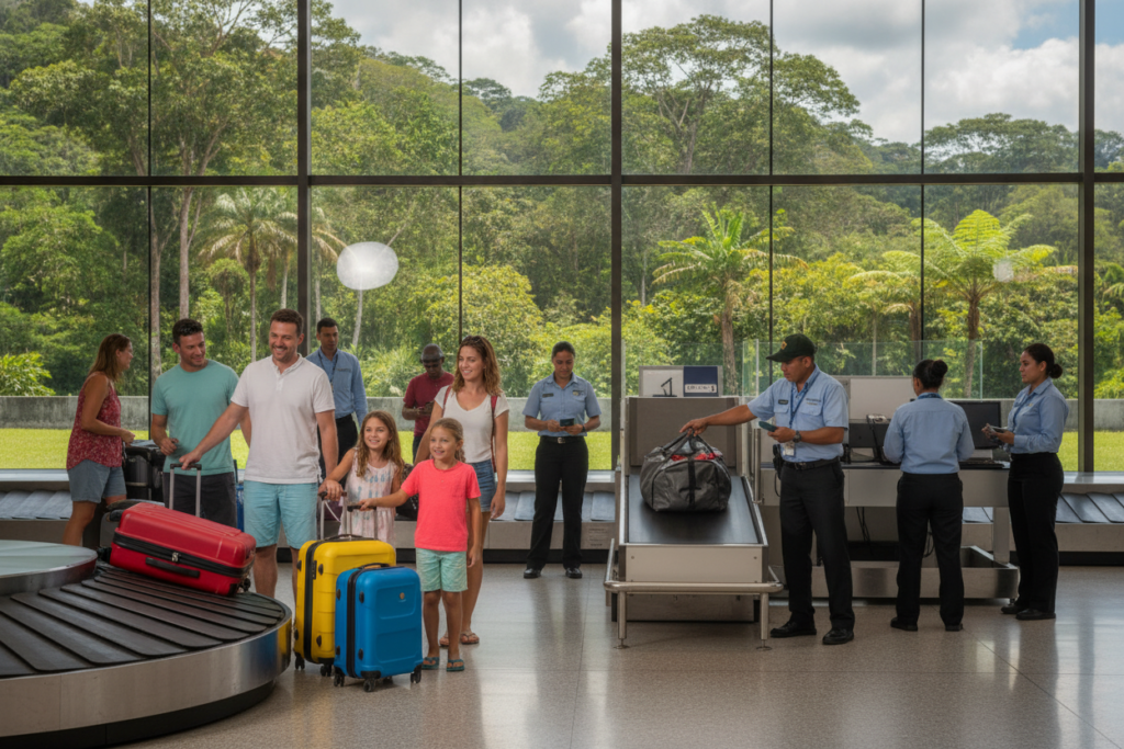 A busy Costa Rican airport baggage claim area showcasing travelers in casual clothing, interacting with airport staff in professional attire. In the foreground, a family retrieves their colorful suitcases from the rotating carousel, their expressions a mix of excitement and relief. The middle ground features a customs screening station, where a customs officer, dressed in official attire, is examining a traveler's bags, highlighting the screening process. In the background, large windows reveal lush greenery typical of Costa Rica, with natural light flooding in, creating a warm atmosphere. The image leans towards photorealism, capturing the hustle and bustle of travel while maintaining a sense of order and efficiency. Emphasize natural colors, with bright blues and greens, and a slight depth of field to keep focus on the activities at baggage claim and customs.