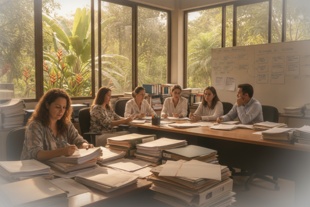 A busy administrative office in Costa Rica, filled with stacks of paperwork and residency application forms scattered across desks to depict the chaos of system backlogs. In the foreground, a professional, casually dressed woman with a focused expression reviews documents, embodying the stress of the application process. In the middle ground, a long table with several employees collaborating, pointing at a large whiteboard filled with charts and timelines related to application delays. In the background, large windows let in warm, natural light, highlighting the tropical plants outside. The atmosphere is tense yet hopeful, conveying the challenges of navigating residency applications in Costa Rica. Use a high-resolution setting with a soft focus lens to enhance the realism of the scene.
