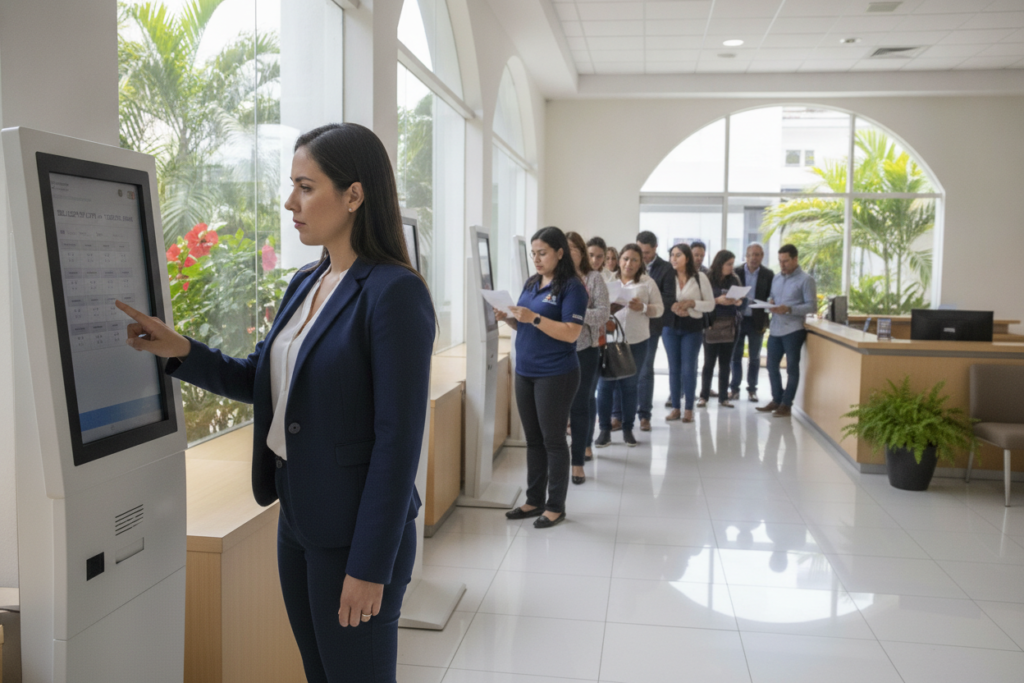 A busy appointment scheduling area in a Costa Rican government office, capturing a professional atmosphere. In the foreground, a woman dressed in smart business attire interacts with a digital kiosk, looking focused as she selects an appointment time for her DIMEX card. In the middle ground, other individuals wait in line, some with papers in hand, creating a sense of bustling efficiency. The background features a bright, well-lit reception area with tropical plants peeking through large windows, hinting at the natural beauty of Costa Rica. Soft natural light floods the scene, reflecting off sleek surfaces, while the overall mood conveys a sense of organization and professionalism in managing important appointments.