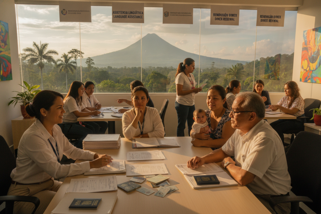 A busy office scene in Costa Rica focused on language assistance for DIMEX renewal. In the foreground, a friendly bilingual advisor in smart casual attire is assisting a diverse group of individuals at a sleek wooden desk covered with forms and ID documents. In the middle, people are engaged in discussions, showcasing a mix of hopeful expressions and concentration. Behind them, a large window reveals a vibrant Costa Rican landscape with lush greenery and distant mountains, bathed in warm, natural light. The atmosphere is supportive and collaborative, emphasizing the importance of communication and guidance in the renewal process. The image captures a sense of professionalism and community, highlighting the cultural richness of Costa Rica.