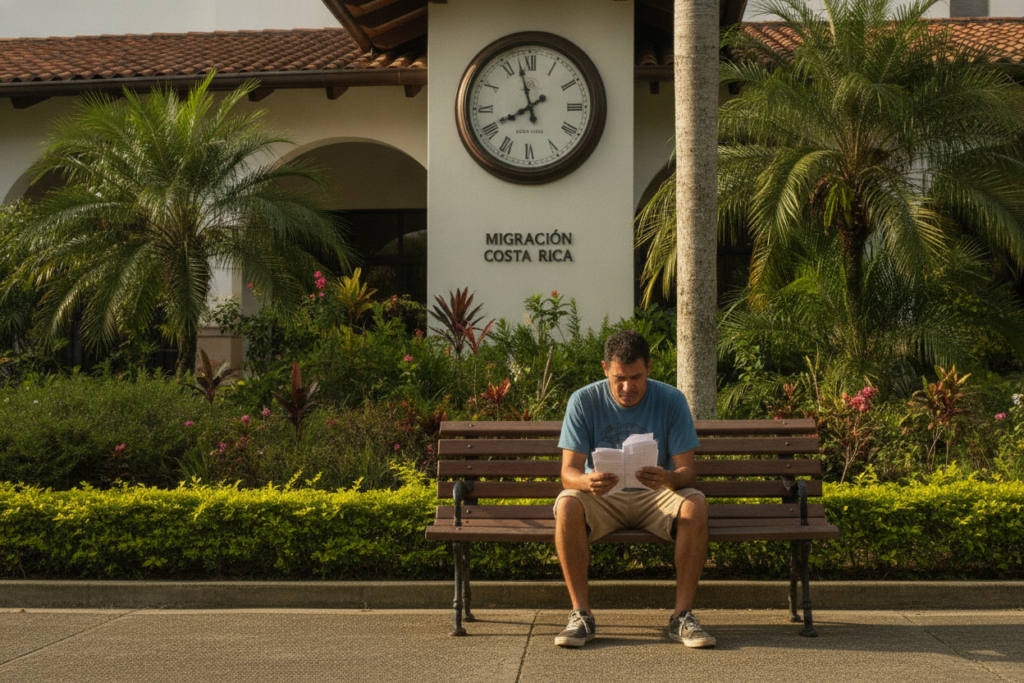 A candid scene depicting the disappointment of a person sitting alone on a bench outside a Costa Rica immigration office, with a clock showing the missed appointment time in sharp focus. The individual, a casually dressed Hispanic man in his late thirties, appears stressed, looking down at empty appointment papers. In the background, the vibrant greenery of Costa Rica flora and the stylish architecture of the immigration office are visible, bathed in natural light of a late afternoon. The atmosphere is somber and reflective, with soft shadows creating a sense of missed opportunities. The image captures the emotional consequences of missing an important appointment, emphasizing both the serene beauty of Costa Rica and the personal turmoil of the individual.