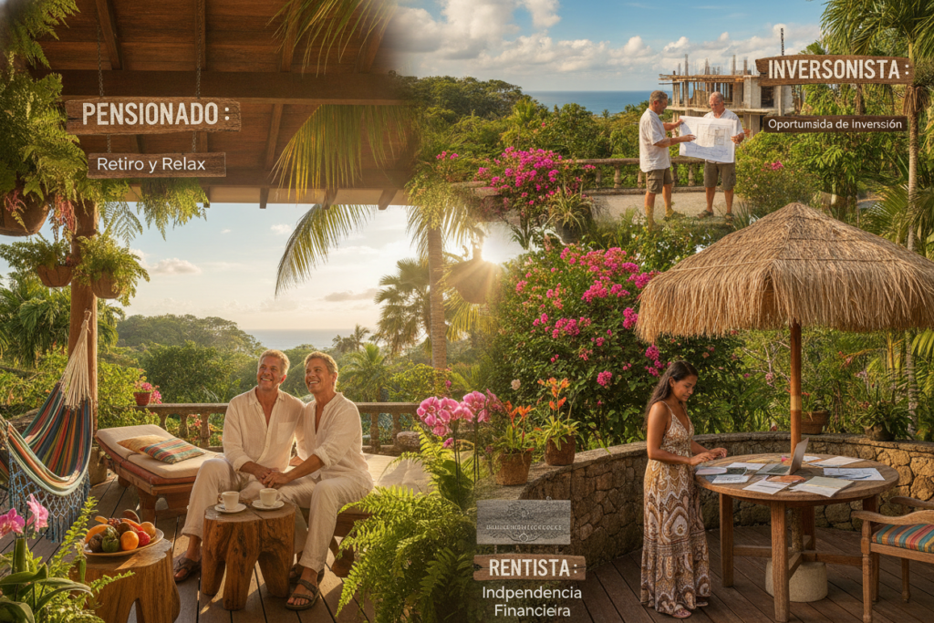 A captivating and photorealistic depiction of three types of residency in Costa Rica: Pensionado, Rentista, and Inversionista. In the foreground, a middle-aged couple, casually dressed, enjoys a sunny day on a lush tropical patio, symbolizing the Pensionado lifestyle with relaxation and joy. In the middle ground, a thoughtful individual examines financial documents, representing the Rentista residency, surrounded by potted plants and vibrant flowers. In the background, a businessman wearing casual attire reviews plans for a property investment, embodying the Inversionista status. The setting features Costa Rican architectural styles blended with nature, sunlight filtering through palm trees, and a bright blue sky to create a warm, welcoming atmosphere. The composition captures the essence of life in Costa Rica, showcasing diversity and opportunity within residency types.