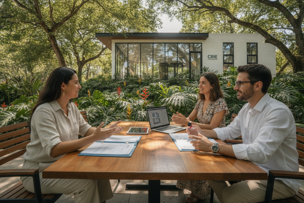 A captivating scene illustrating the "CRIE Advantage in Residency Applications" in Costa Rica. In the foreground, a diverse group of three professionals in modest business casual attire are engaged in a discussion, with documents and a laptop on a table. The middle ground showcases lush greenery typical of Costa Rica, with tropical plants and trees enhancing the natural setting. In the background, a modern building symbolizing a residency office can be seen, gently blending into the vibrant landscape. The sunlight filters through the leaves, casting soft shadows and creating a warm, inviting atmosphere. The angle is slightly elevated, capturing both the people and the beautiful environment around them, reflecting a sense of opportunity and collaboration.