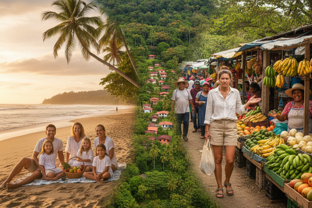 A captivating split-scene image depicting the pros and cons of expat life in Costa Rica. In the foreground, on the left, show a serene beach scene with palm trees, a warm sunset casting soft, golden light, and an expat family enjoying a picnic in modest casual clothing, radiating happiness. On the right, portray a bustling local market filled with vibrant produce and smiling vendors, while an expat looks slightly overwhelmed by the experience, dressed in a casual yet professional outfit. The middle ground features lush tropical foliage and a quaint village, blending both sides harmoniously. The atmosphere should convey a sense of adventure, warmth, and the complexity of adapting to a new culture, with natural light enhancing the vibrant colors of the scene. A captivating split-scene image depicting the pros and cons of expat life in Costa Rica. In the foreground, on the left, show a serene beach scene with palm trees, a warm sunset casting soft, golden light, and an expat family enjoying a picnic in modest casual clothing, radiating happiness. On the right, portray a bustling local market filled with vibrant produce and smiling vendors, while an expat looks slightly overwhelmed by the experience, dressed in a casual yet professional outfit. The middle ground features lush tropical foliage and a quaint village, blending both sides harmoniously. The atmosphere should convey a sense of adventure, warmth, and the complexity of adapting to a new culture, with natural light enhancing the vibrant colors of the scene.