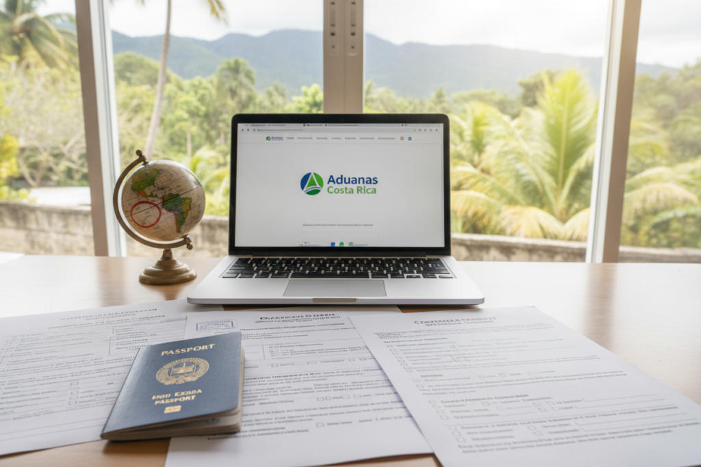 A clean, organized desk scattered with essential documentation for the customs process in Costa Rica. In the foreground, a passport, import declaration forms, and a customs checklist are neatly arranged. The middle ground features a laptop with an open tab showing the Costa Rican customs website, and a small globe highlighting Costa Rica. In the background, a sunlit window reveals a lush, tropical landscape with palm trees, creating a warm and inviting atmosphere. Soft, natural light fills the room, enhancing the photorealistic details of the scene. The overall mood is professional yet relaxed, ideal for expats preparing for a smooth customs experience.