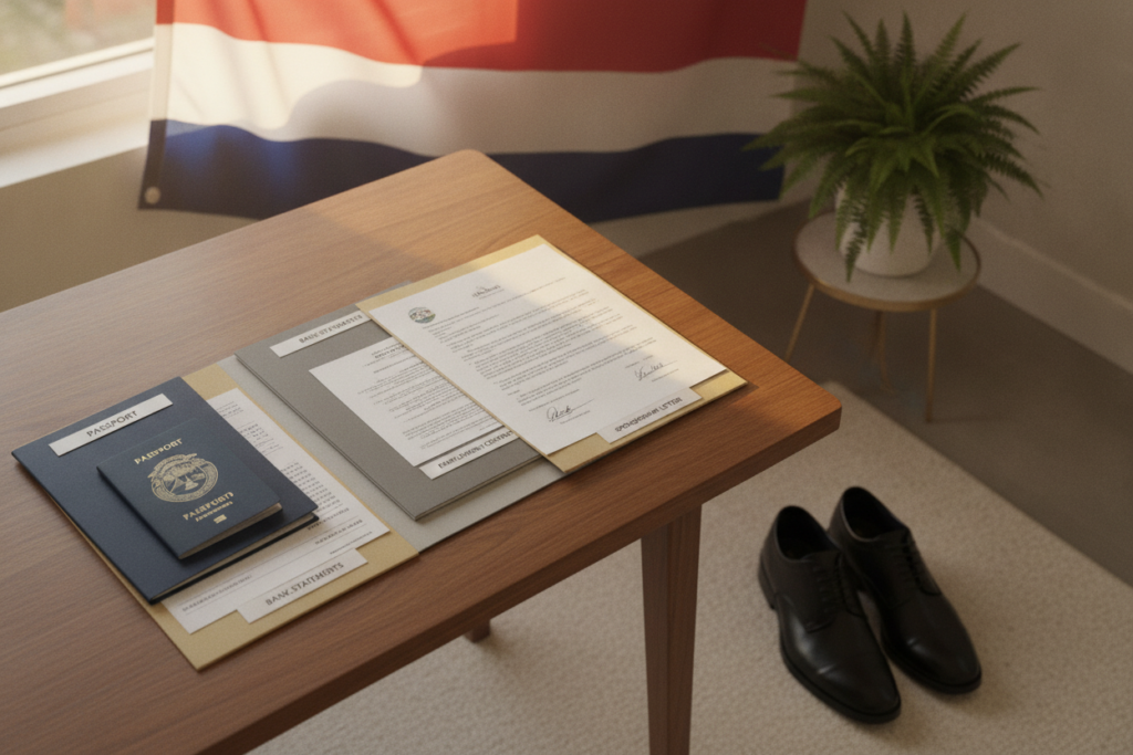 A clean, organized workspace displaying essential documents for a Costa Rica residency interview. In the foreground, prominently feature a wooden table with neatly arranged, color-coded folders, including a passport, bank statements, proof of employment, and a sponsorship letter. A pair of professional business attire shoes sits beside the table, suggesting readiness. In the middle ground, a Costa Rican flag gently drapes in the background, accompanied by a potted green plant, adding a touch of nature and local culture. The overall setting is bathed in warm, natural light, creating a welcoming atmosphere. The camera angle captures the scene from slightly above, focusing on the documents, evoking a sense of preparation and professionalism.